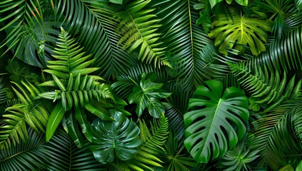 Lush Tropical Leaves Background with Monstera and Fern Fronds
