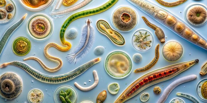 Microscopic image of parasitic life cycles such as trematodes, cestodes, nematodes, and arthropods, parasites