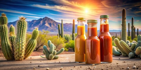 Hot sauce bottles mock-up creatively displayed in a desert cactus scene, hot sauce, bottles, mock-up, creatively, displayed