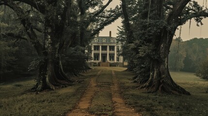 A dirt pathway through a forest leads to an old mansion.