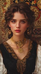 Portrait of a woman wearing intricate golden jewelry and a black dress with gold embroidery.