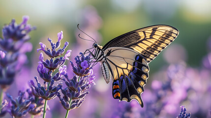 Delicate swallowtail butterfly sipping nectar from a purple lavender sprig