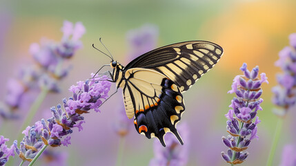 Delicate swallowtail butterfly sipping nectar from a purple lavender sprig