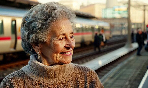 Medium shot portrait video of a pleased woman in her 80s that is wearing a cozy sweater against a busy train station platform background