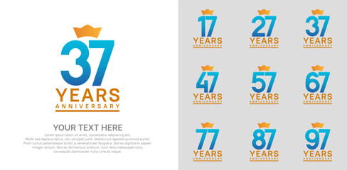 anniversary logotype set. blue color and orange crown can be use for celebration event