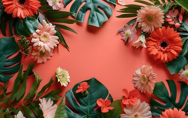 Creative layout made of tropical leaves and flowers on blue background. Flat lay. Nature concept.