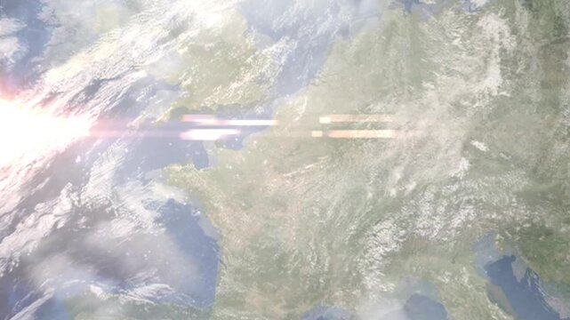 Earth zoom in from space and focus on Eaubonne, France. Background for travel intro or blog. Satellite view. 3D style Animation. Images from NASA.