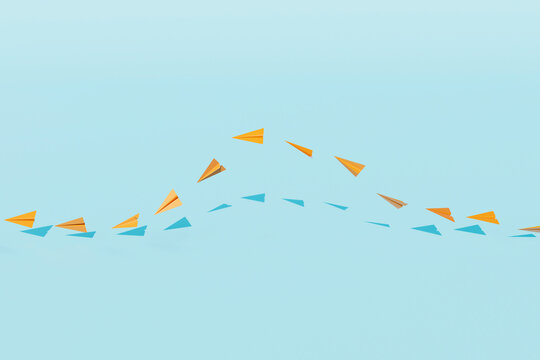 Wavy Formation of Paper Planes on Blue Background
