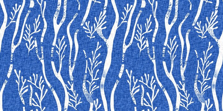 Whimsical seaweed kelp coastal electric blue beach pattern. Batik screen block print cloth effect. Playful kelp coral tropical summer background. Modern scandi underwater plant seamless design.