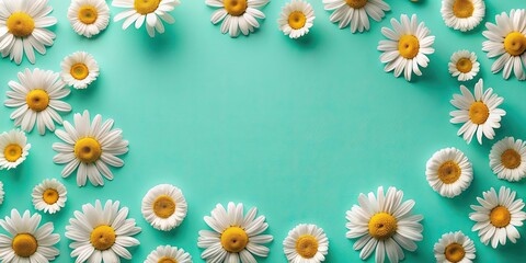 Fototapeta premium Creative floral pattern with chamomile flowers on bright mint background, floral, pattern, chamomile, flowers, abstract, mint
