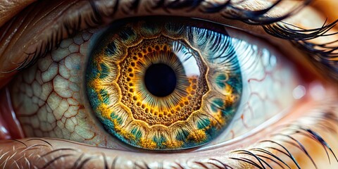 Fototapeta premium Close-up macro photograph of a human eye displaying detailed crystal and intricate iris patterns, eye, macro photography