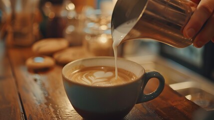 A barista hand pouring creamy milk to make latte art coffee at cafe.