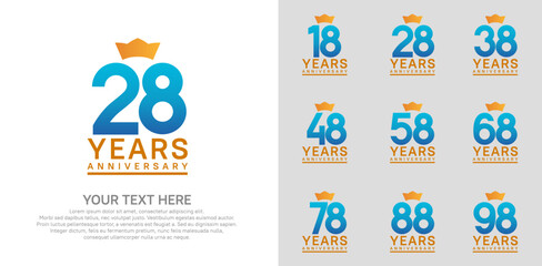 anniversary logotype set. blue color and orange crown can be use for celebration event
