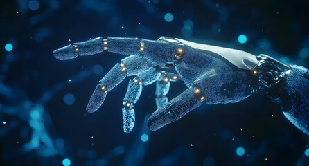 Fototapeta premium A futuristic robotic hand reaching out, illuminated by glowing blue particles, symbolizing technology and innovation.