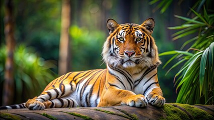 Fototapeta premium Majestic Bangla tiger lying in its natural habitat , tiger, wildlife, endangered, predator, stripes, big cat, feline
