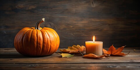 Still life arrangement with a pumpkin and lit candle on a table, pumpkin, candle, autumn, harvest, centerpiece, decoration, rustic, cozy