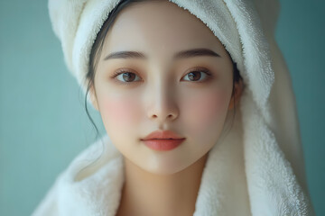 Obraz premium A serene portrait of a woman with a towel, showcasing natural beauty and fresh skin, ideal for wellness and beauty themes.