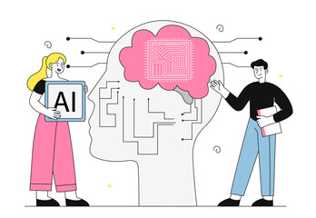 People with artificial intelligence. Man and woman stand near silhouette of head with computer chip. Modern technologies and innovations. Linear vector illustration