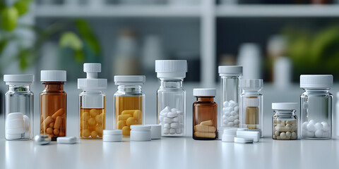 Collection of various medicine bottles showcasing pills and capsules on a clean countertop with a blurred background.