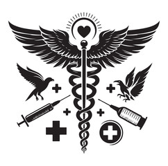 Caduceus health vector silhouette black vector art illustration design.