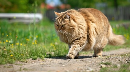 Ambling Fat Cat: Endearing Plush Feline on a Casual Stroll, Charming Feline Wandering.
