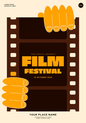 Hand holding filmstrip. Movie and film festival poster template design modern vintage retro style. Design element can be used for banner, brochure, print, vector illustration