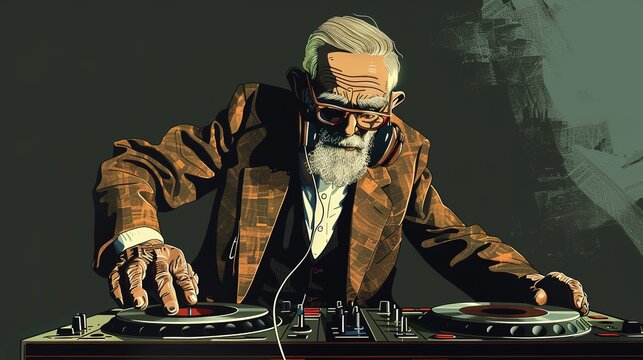 Realistic Portrait of Freud as a Retro DJ, Vintage Style Turntablist, Freudian Themed DJ Booth, Historic Personality in Modern Context.