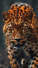 Obraz premium Closeup of a leopard's face, showing its intense gaze and spotted fur.