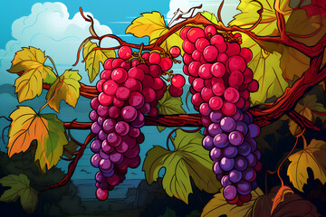 Fototapeta premium Illustration with large beautiful bunches of ripe grapes.