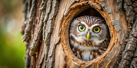 Owl peeking out of hole in tree with cunning eyes and perfect camouflage , wise, woodland, predator, hunter, nocturnal, bird