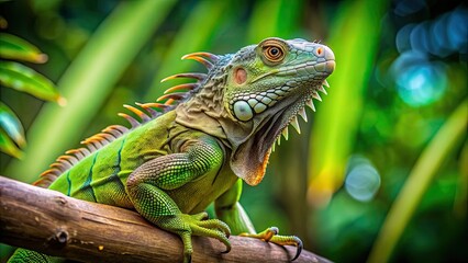 Fototapeta premium Green iguana perched on a branch in tropical setting, Green, iguana, reptile, animal, wildlife, branch, tree, tropical