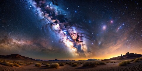 Naklejka premium Stunning desert night sky with beautiful Milky Way, desert, night sky, stars, galaxy, Milky Way