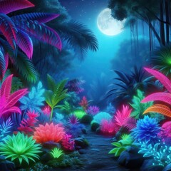 Vibrant neon jungle at night with glowing plants and a full moon, perfect for fantasy and surreal themes.