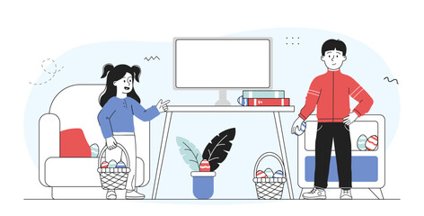 Easter egg hunt kids. Boy and girl near basket of eggs. Traditional spring religious holiday and festival 20 April. Culture and traditions. Linear vector illustration
