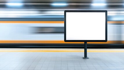 Fototapeta premium A blank advertising board at a train station, blurred motion of a passing train creates a dynamic urban environment.