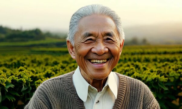 Medium shot portrait video of a grinning man in his 80s that is wearing a chic cardigan against a tea plantation or farm background