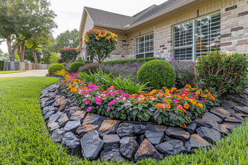 Photo of a newly finished stone border with flower bed and green grass beside house in Tulsa, Florida, garden service company style
