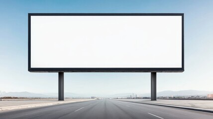 Fototapeta premium A blank billboard stands beside an empty road under a clear blue sky, ready for advertising opportunities.