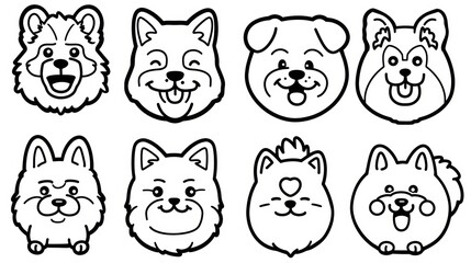 Obraz premium Set of 8 cute dog cartoon faces, black and white line art, vector illustration.