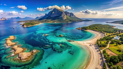 Obraz premium Aerial drone panoramic view of the splendid Tavolara island and beach in Sardegna, Italy , Tavolara island, Sardegna, Italy