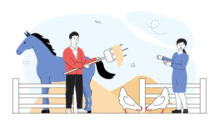 Farm work people. Man with rake gives hay to horses, woman feeds chickens. Farmers with domestic animals and cattle. Farming and agriculture. Linear vector illustration