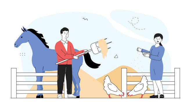 farm scene: people feeding horse and chickens clip art preview