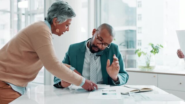 Businessman, documents and multi tasking in time lapse, stress or anxiety from overworked at office. Frustrated busy man, work and paperwork or proposal from group of employees for project deadline