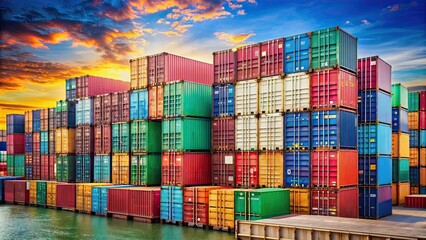 Fototapeta premium Stack of colorful shipping containers in a bustling harbor , shipping containers, cargo ship, port, containers