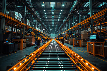 Obraz premium A busy warehouse featuring robotic arms and conveyor belts sorting packages, with workers monitoring the process for efficiency and accuracy. 