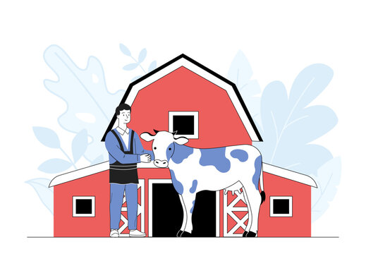 recommend clip art: Man at farm with cow. Young guy with cattle near barn. Farmer with cattle. Farming and agriculture, rural scene. Village and countryside. Linear vector illustration