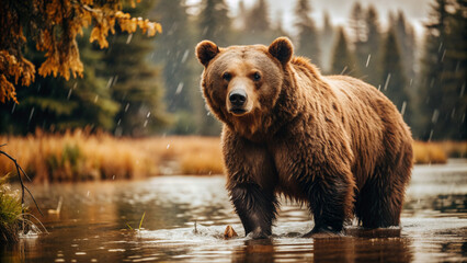 Obraz premium brown bear in the lakebear, animal, brown, brown bear, wild, mammal, wildlife, nature, grizzly, fur, ursus arctos, predator, zoo, dangerous, portrait, big, ursus, forest, animals, face, grizzly bear