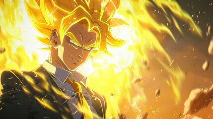 Business Suit Gentleman Channeling Super Saiyan Spirit, Goku's Iconic Yellow Hair and Aura, Non-Anime Aesthetic.