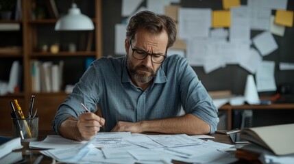 Obraz premium Stressed Accountant Struggling with Taxes and Financial Insufficiency at Cluttered Desk