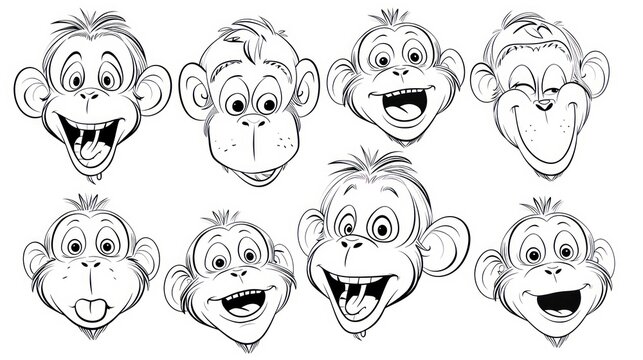Eight cartoon monkey faces with different expressions,  perfect for coloring.